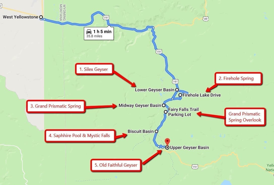 Route to Geyser Basin from West Yellowstone with major viewpoints where you'd want to stop along the way