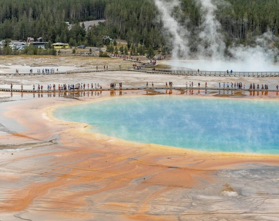 Crowds at Grand Prismatic Spring as viewed from the Fairy Falls Overlook