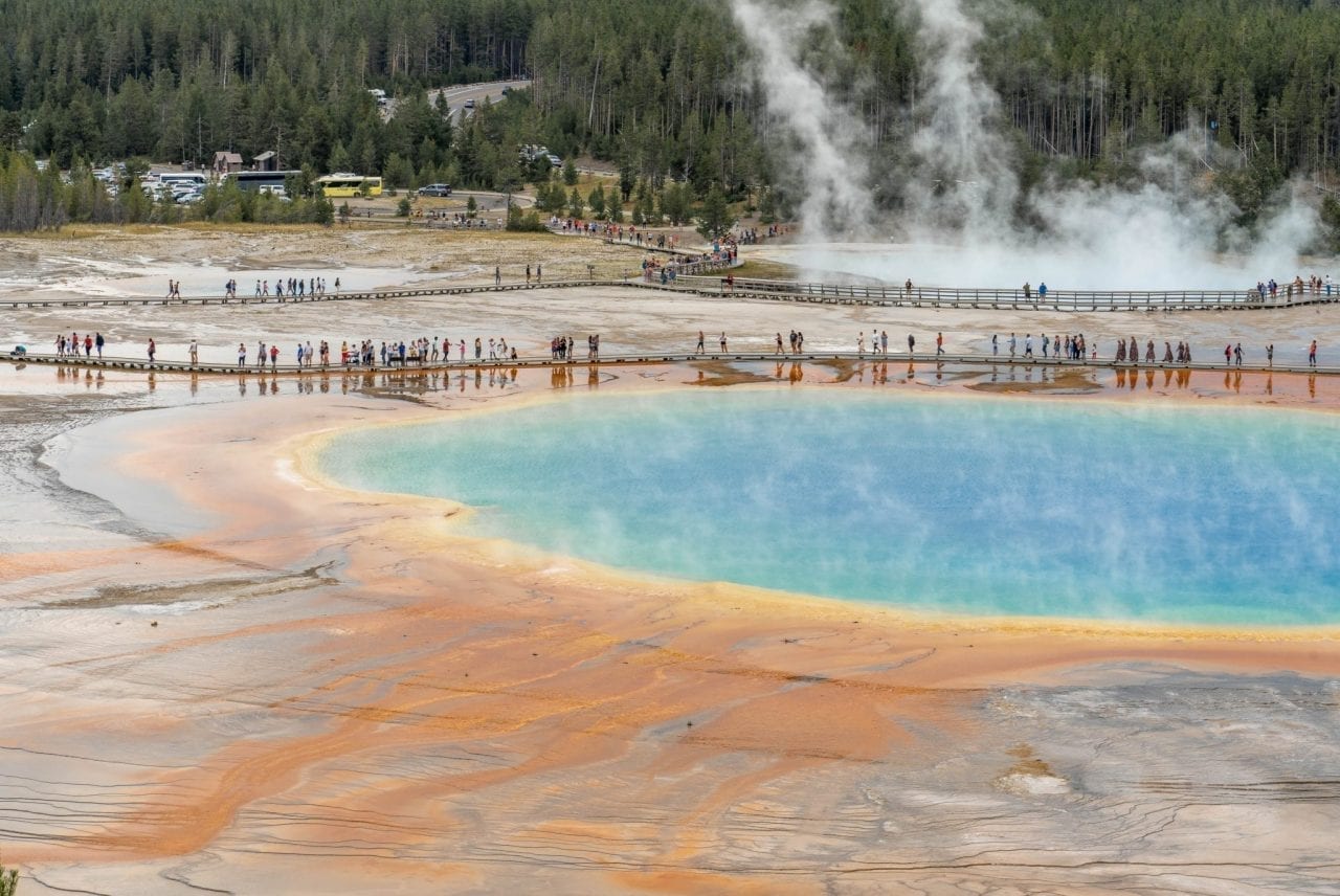 Crowds at Grand Prismatic Spring as viewed from the Fairy Falls Overlook