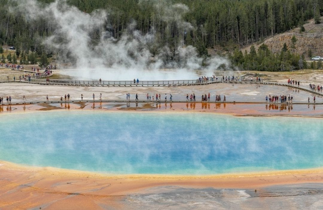 Crowds at Grand Prismatic Spring as viewed from the Fairy Falls Overlook (Pin #4 in Yellowstone National Park Map above)