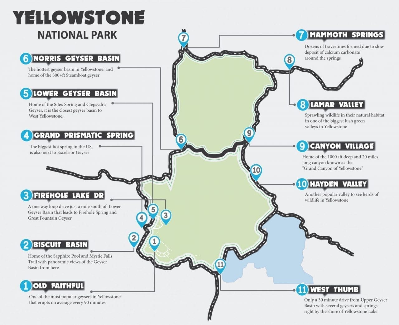 Yellowstone National Park Map with points of interest