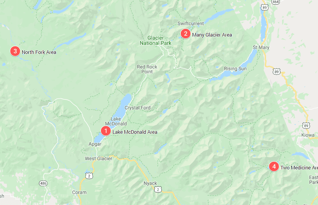 Glacier National Park Map Areas - Two Medicine, North Fork, Lake McDonald, Many Glacier