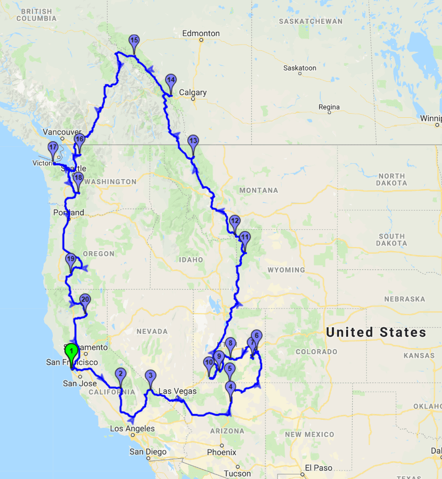 western national park road trip map route